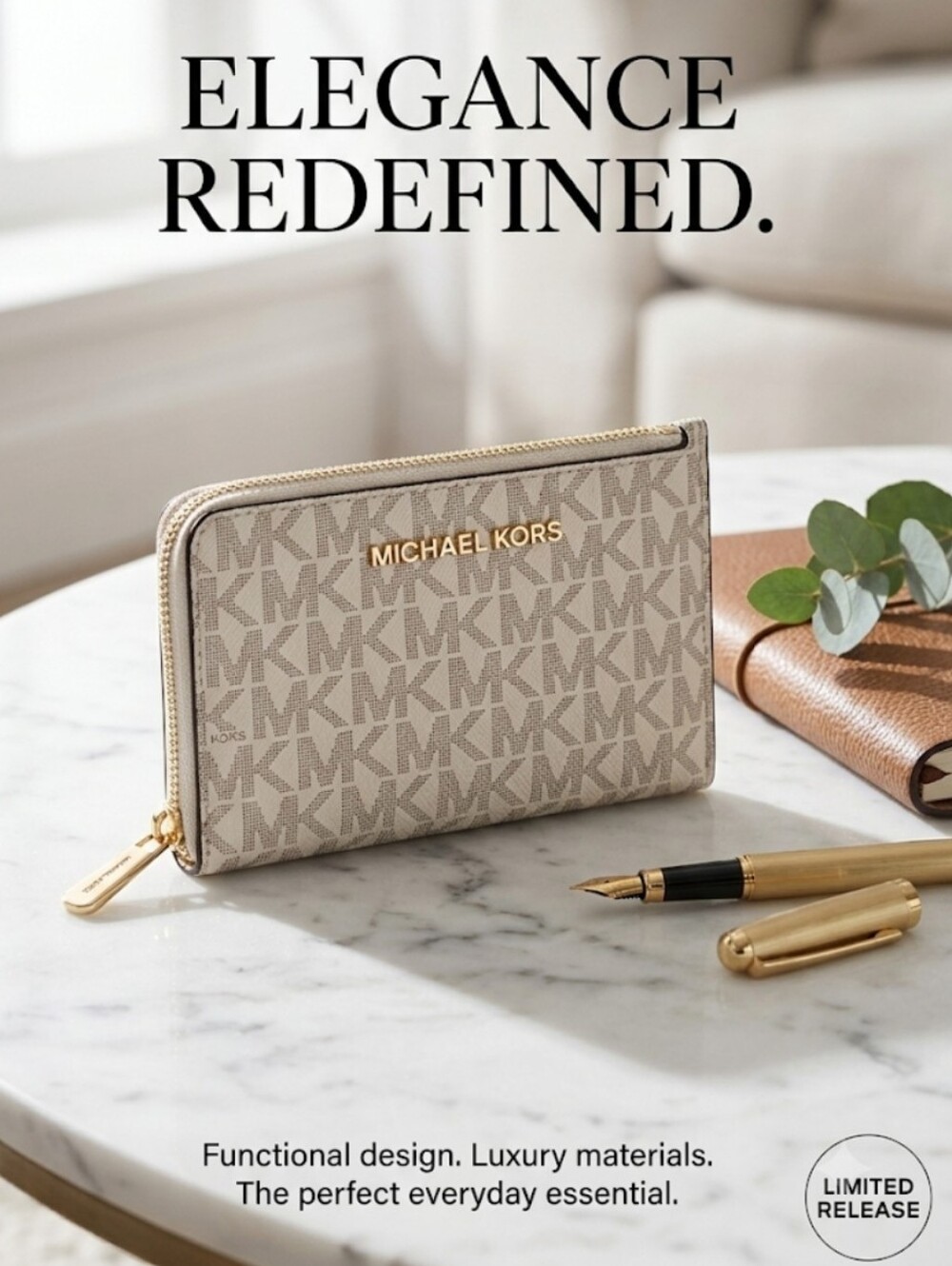 Michael Kors Beige/Cream MK Logo Zip Pouch with Gold Hardware